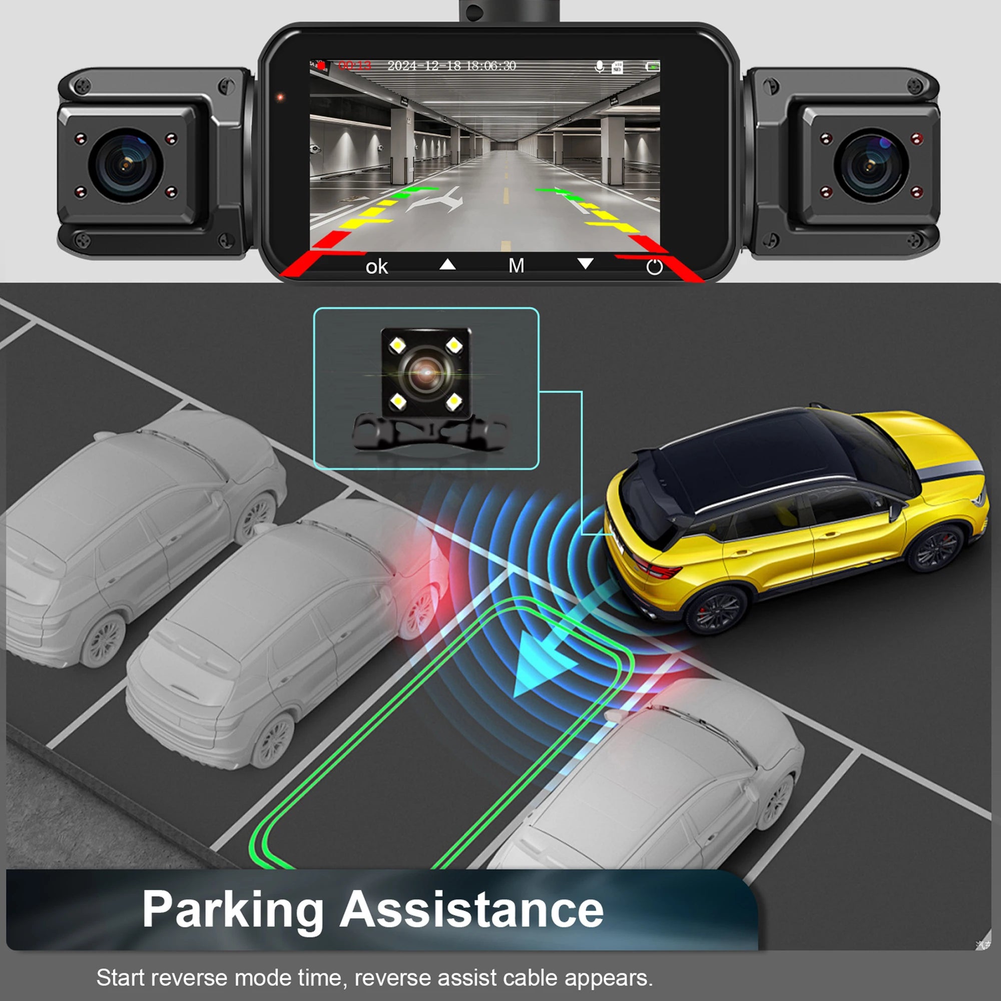 Dashcam para coches, caja negra de 4 canales, cámara de conducción WiFi FHD 1080P, grabación en bucle de visión nocturna, kit de cables duros, accesorios para coche