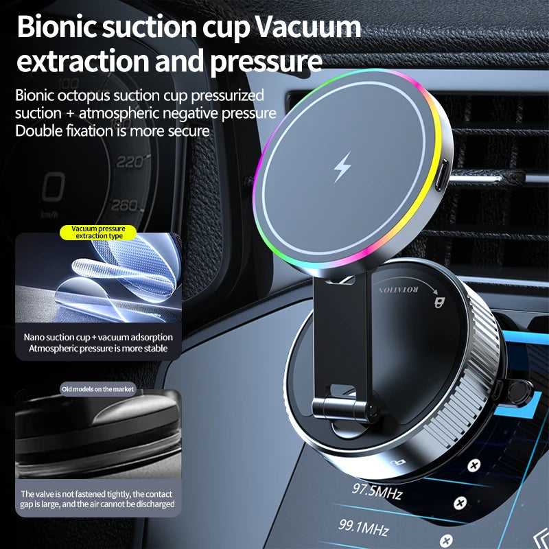 Cargador inalámbrico magnético de refrigeración para coche, soporte para teléfono de coche, carga rápida para iPhone 15 14 13 Pro, ventosa plegable al vacío