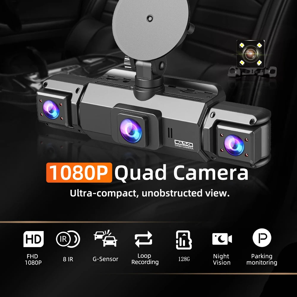Dashcam para coches, caja negra de 4 canales, cámara de conducción WiFi FHD 1080P, grabación en bucle de visión nocturna, kit de cables duros, accesorios para coche