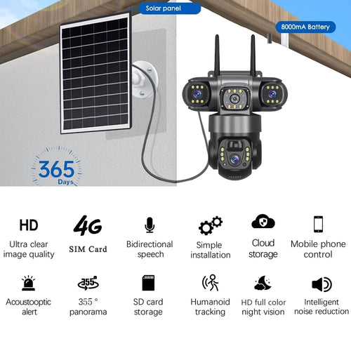 V380 Pro 3 lentes 4G IP cámara Solar HD 15 MP exterior impermeable CCTV visión nocturna Audio bidireccional cámara IP de seguimiento móvil