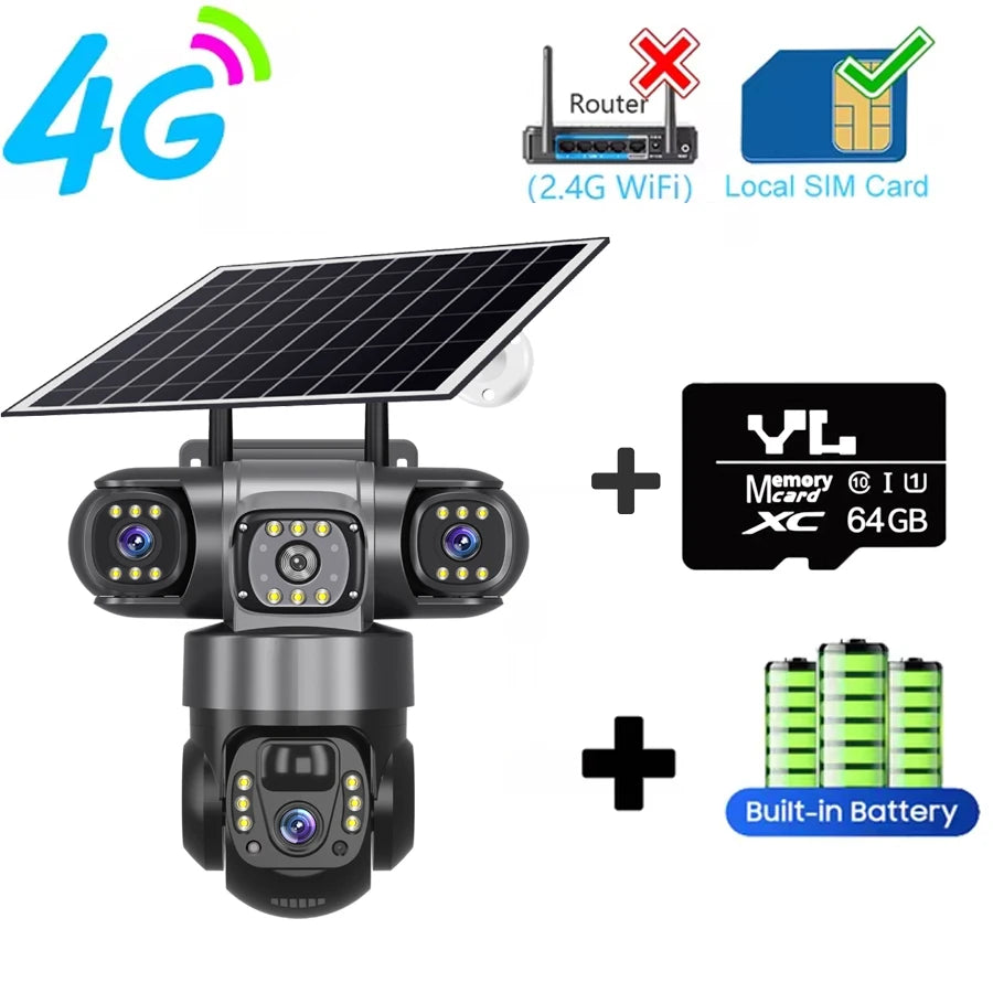 V380 Pro 3 lentes 4G IP cámara Solar HD 15 MP exterior impermeable CCTV visión nocturna Audio bidireccional cámara IP de seguimiento móvil
