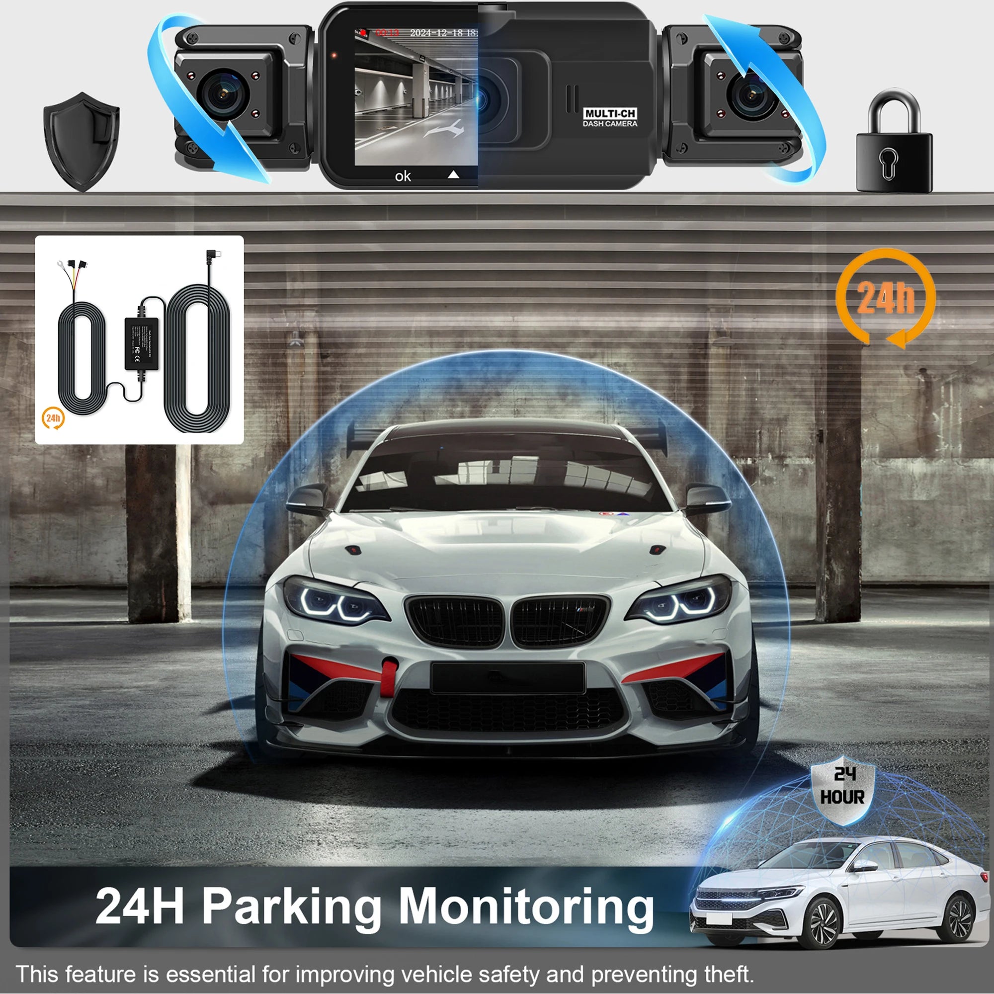 Dashcam para coches, caja negra de 4 canales, cámara de conducción WiFi FHD 1080P, grabación en bucle de visión nocturna, kit de cables duros, accesorios para coche