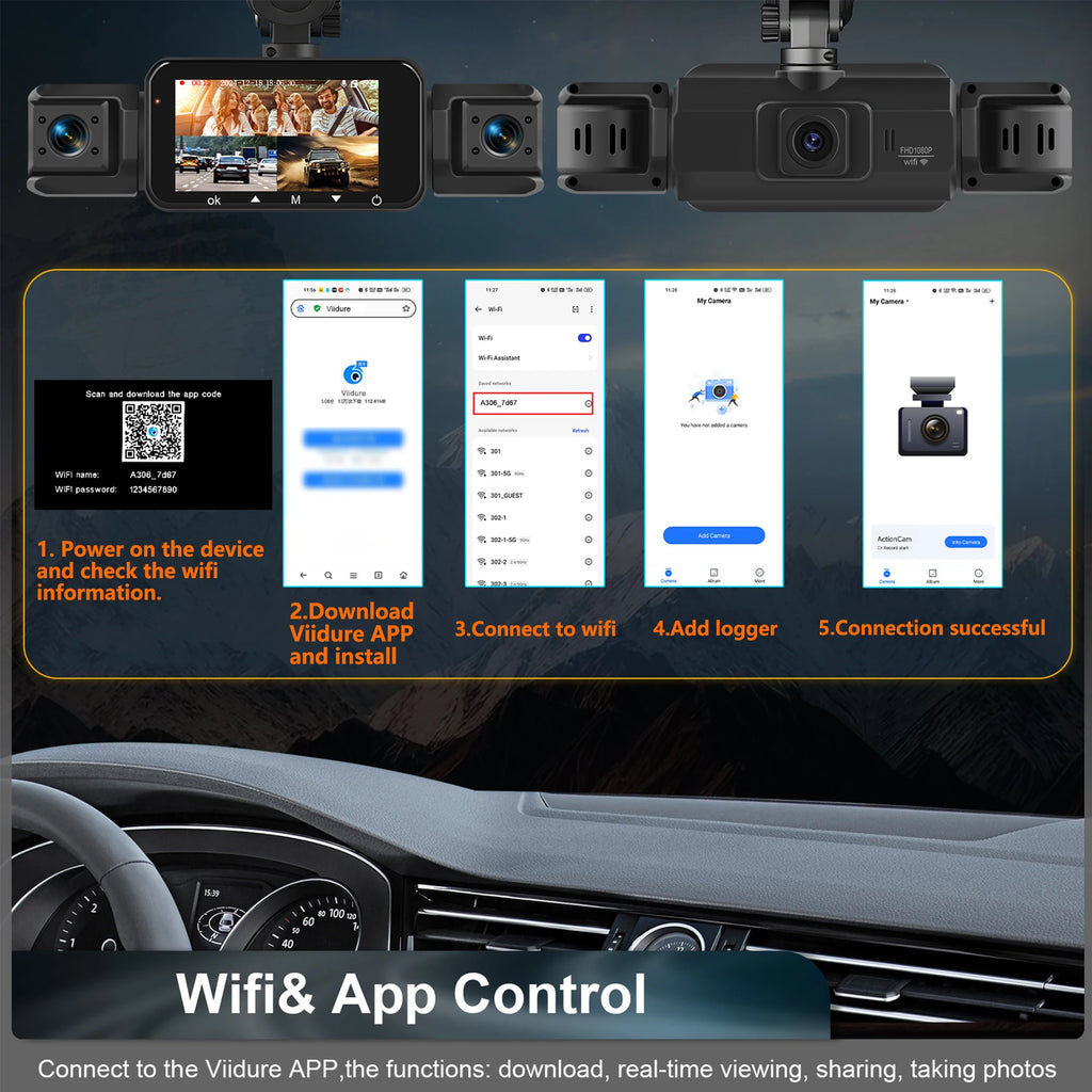 Dashcam para coches, caja negra de 4 canales, cámara de conducción WiFi FHD 1080P, grabación en bucle de visión nocturna, kit de cables duros, accesorios para coche