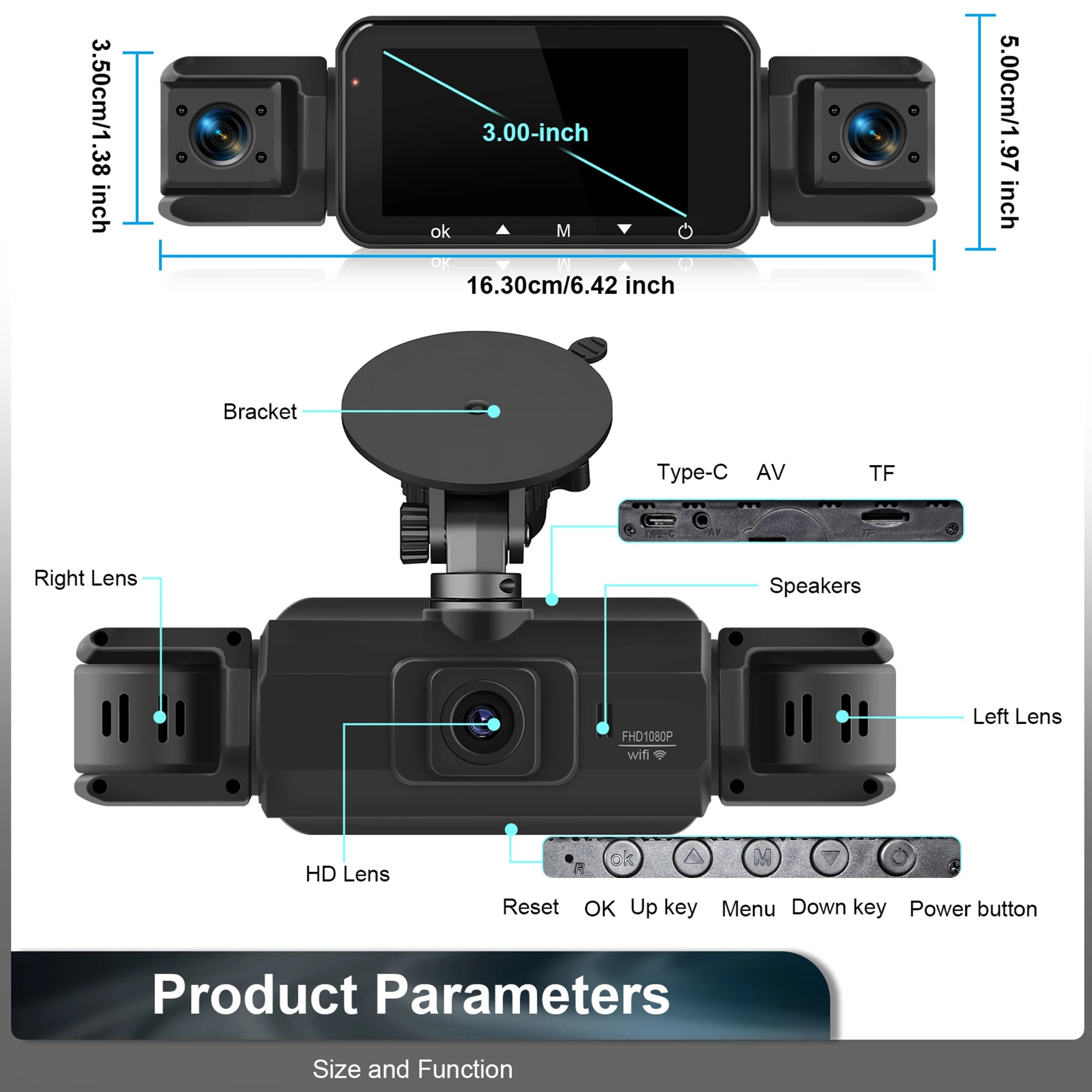 Dashcam para coches, caja negra de 4 canales, cámara de conducción WiFi FHD 1080P, grabación en bucle de visión nocturna, kit de cables duros, accesorios para coche