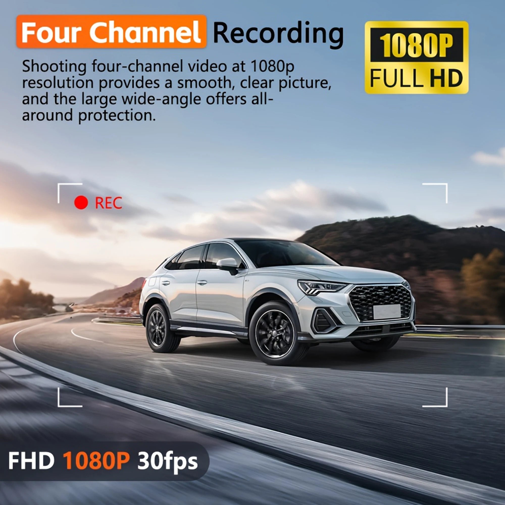 Dashcam para coches, caja negra de 4 canales, cámara de conducción WiFi FHD 1080P, grabación en bucle de visión nocturna, kit de cables duros, accesorios para coche