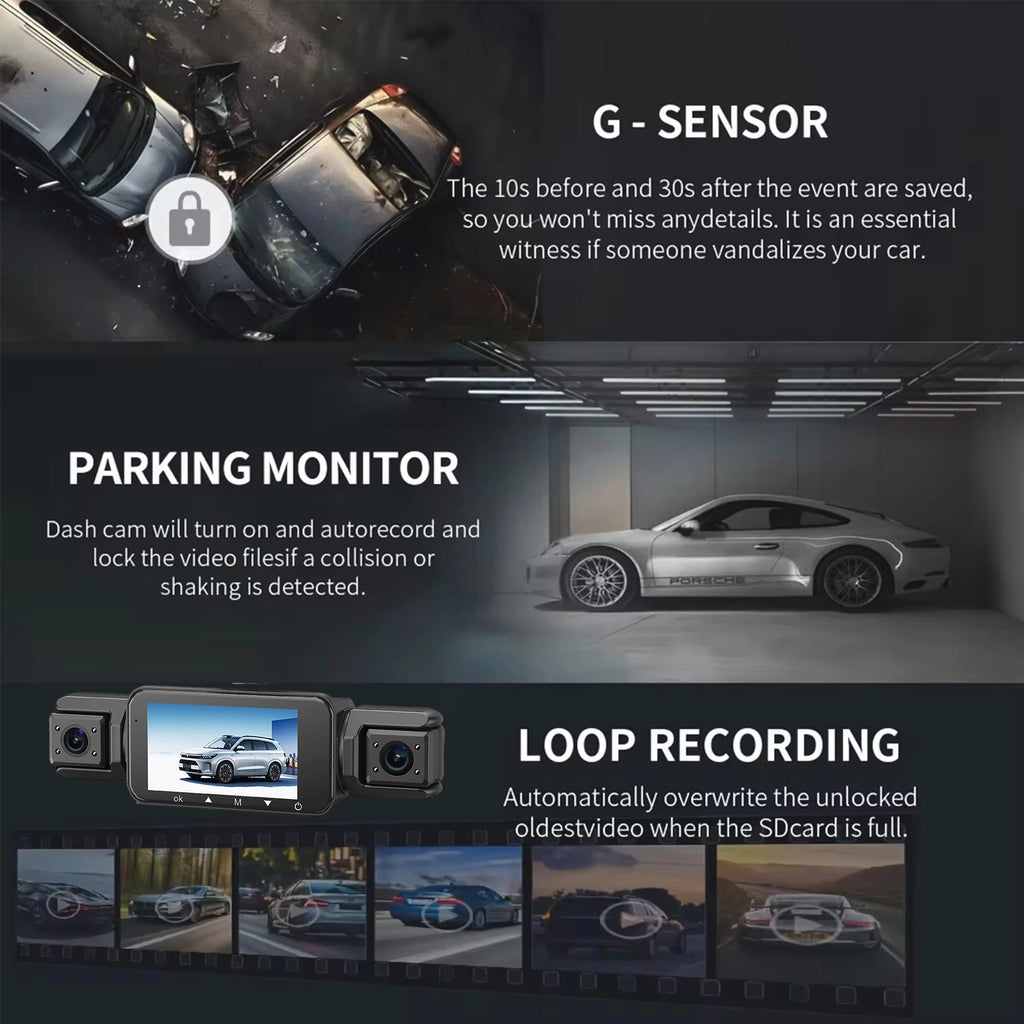 Dashcam para coches, caja negra de 4 canales, cámara de conducción WiFi FHD 1080P, grabación en bucle de visión nocturna, kit de cables duros, accesorios para coche