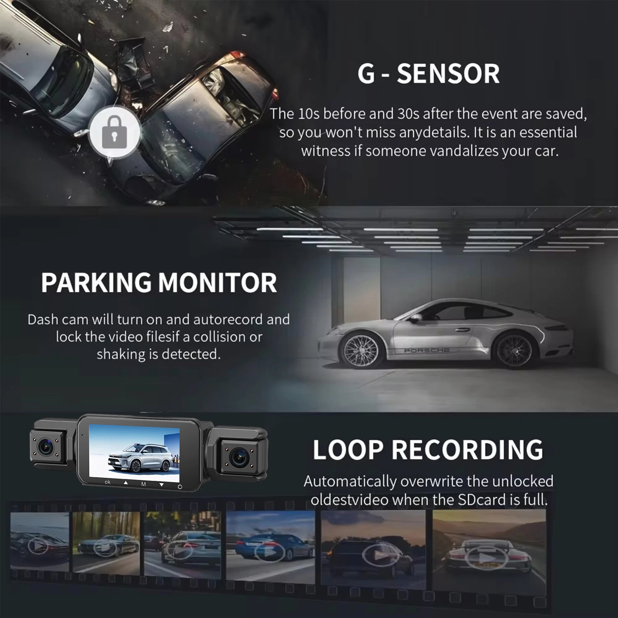 Dashcam para coches, caja negra de 4 canales, cámara de conducción WiFi FHD 1080P, grabación en bucle de visión nocturna, kit de cables duros, accesorios para coche