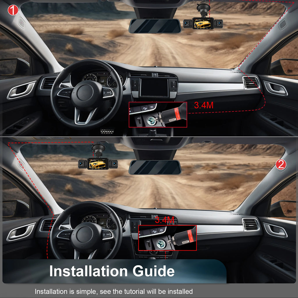 Dashcam para coches, caja negra de 4 canales, cámara de conducción WiFi FHD 1080P, grabación en bucle de visión nocturna, kit de cables duros, accesorios para coche
