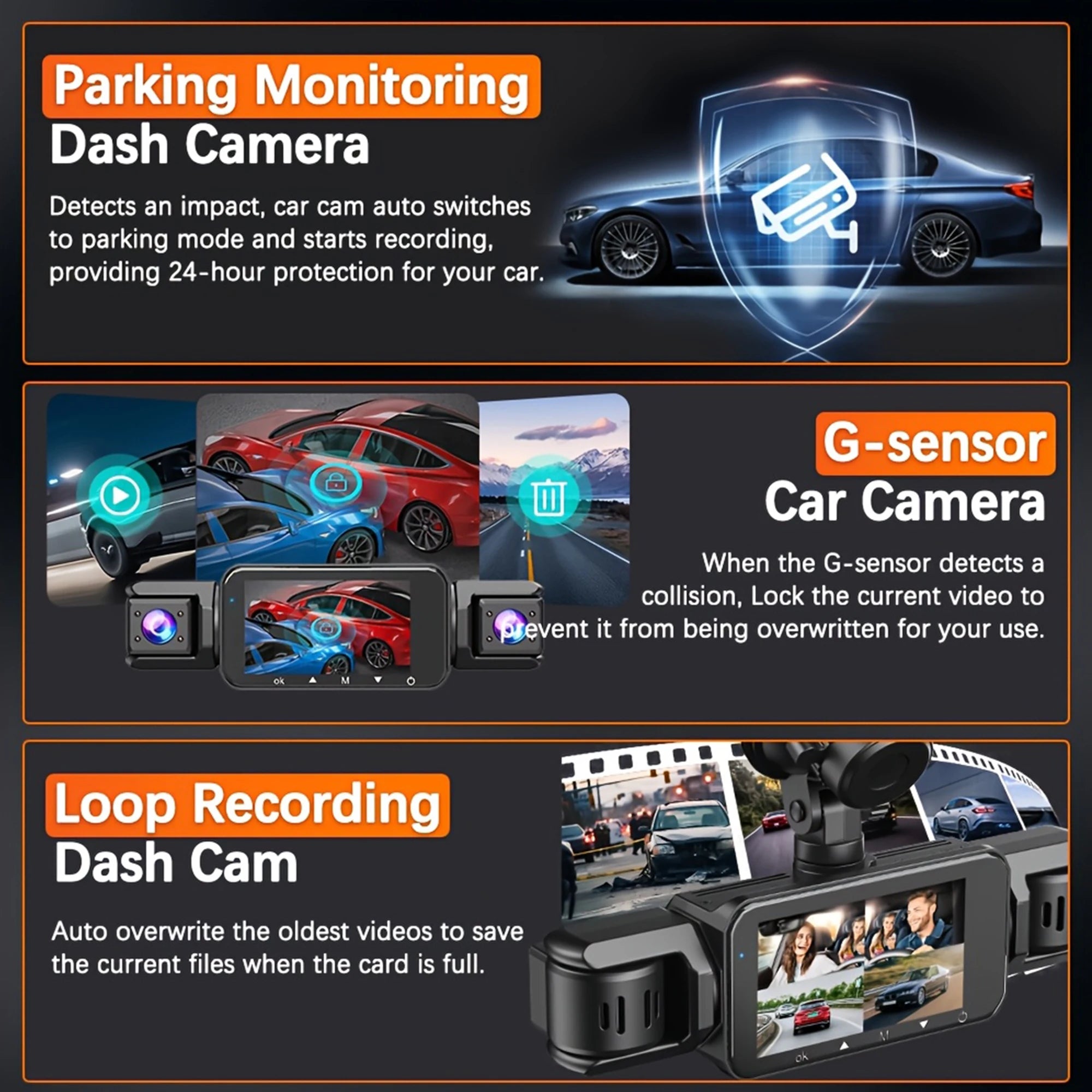 Dashcam para coches, caja negra de 4 canales, cámara de conducción WiFi FHD 1080P, grabación en bucle de visión nocturna, kit de cables duros, accesorios para coche