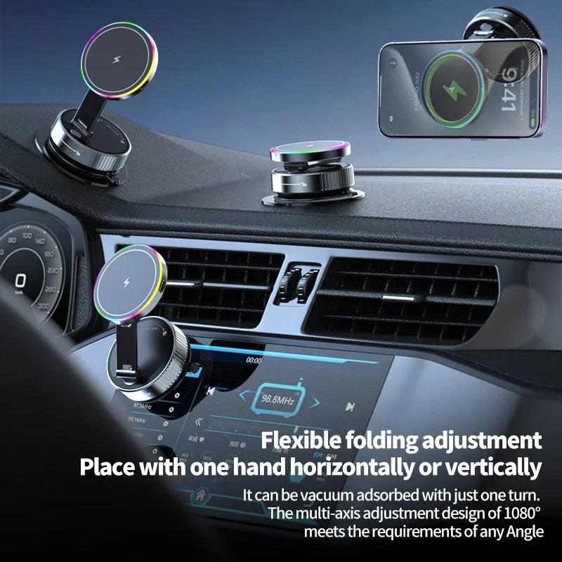 Cargador inalámbrico magnético de refrigeración para coche, soporte para teléfono de coche, carga rápida para iPhone 15 14 13 Pro, ventosa plegable al vacío