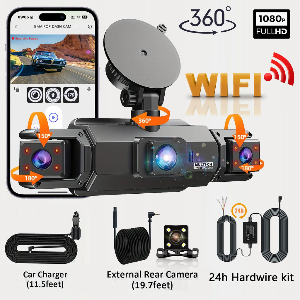 Dashcam para coches, caja negra de 4 canales, cámara de conducción WiFi FHD 1080P, grabación en bucle de visión nocturna, kit de cables duros, accesorios para coche