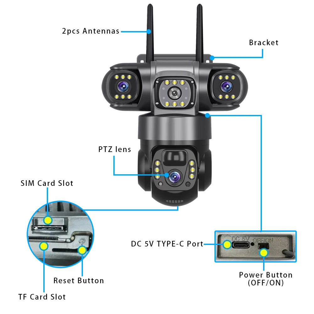 V380 Pro 3 lentes 4G IP cámara Solar HD 15 MP exterior impermeable CCTV visión nocturna Audio bidireccional cámara IP de seguimiento móvil
