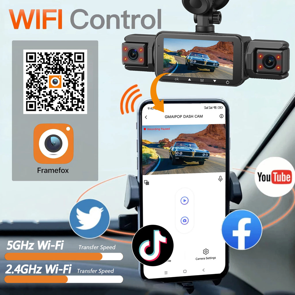 Dashcam para coches, caja negra de 4 canales, cámara de conducción WiFi FHD 1080P, grabación en bucle de visión nocturna, kit de cables duros, accesorios para coche