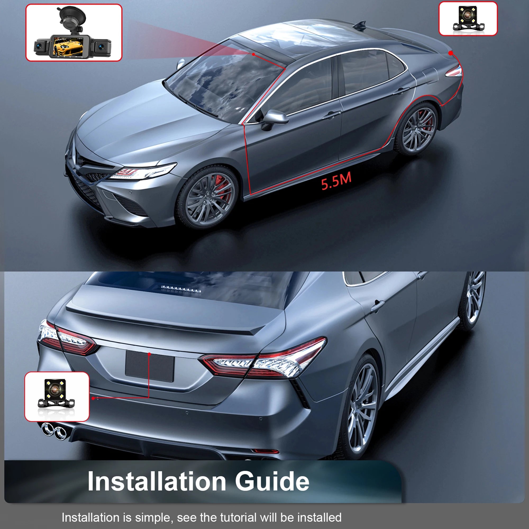 Dashcam para coches, caja negra de 4 canales, cámara de conducción WiFi FHD 1080P, grabación en bucle de visión nocturna, kit de cables duros, accesorios para coche