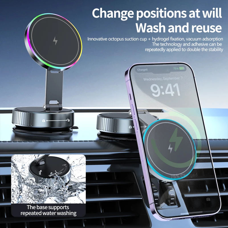 Cargador inalámbrico magnético de refrigeración para coche, soporte para teléfono de coche, carga rápida para iPhone 15 14 13 Pro, ventosa plegable al vacío