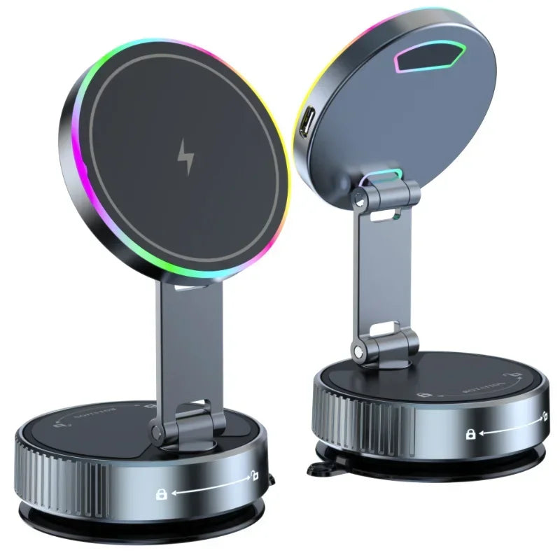 Cargador inalámbrico magnético de refrigeración para coche, soporte para teléfono de coche, carga rápida para iPhone 15 14 13 Pro, ventosa plegable al vacío