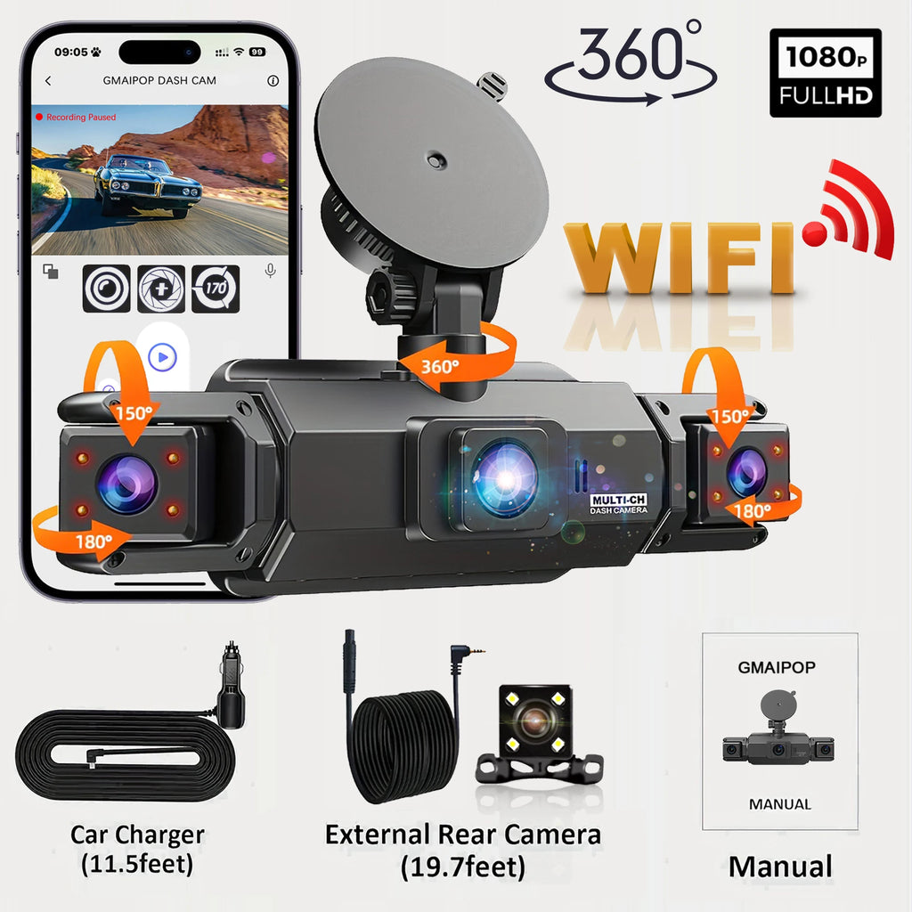 Dashcam para coches, caja negra de 4 canales, cámara de conducción WiFi FHD 1080P, grabación en bucle de visión nocturna, kit de cables duros, accesorios para coche