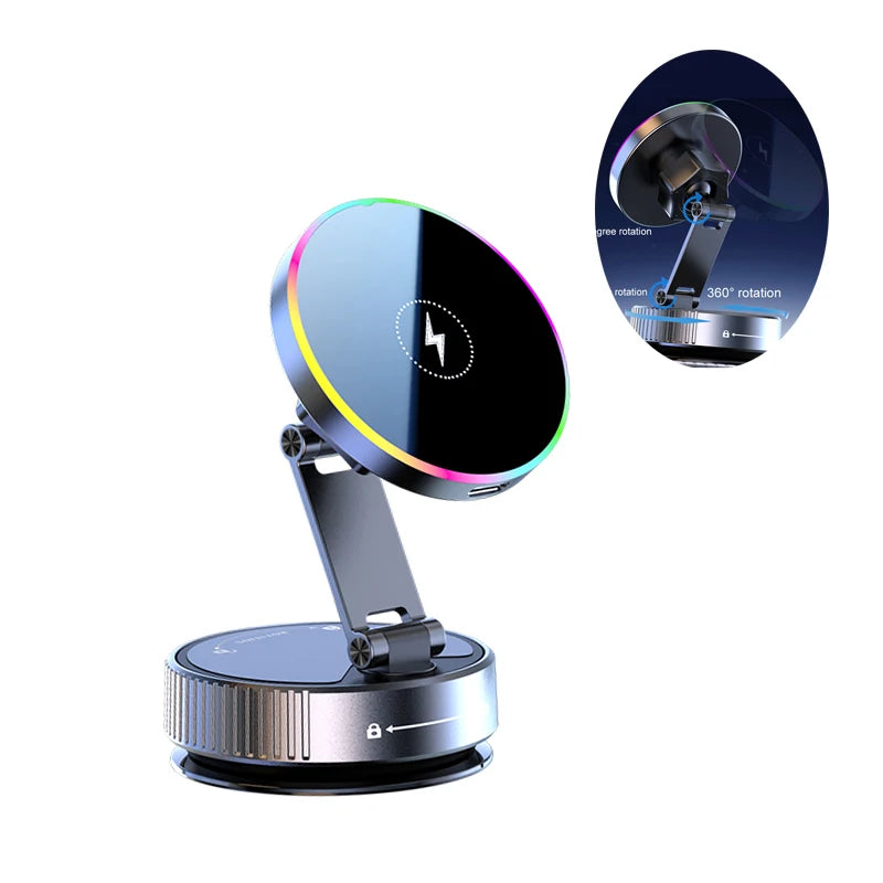 Cargador inalámbrico magnético de refrigeración para coche, soporte para teléfono de coche, carga rápida para iPhone 15 14 13 Pro, ventosa plegable al vacío