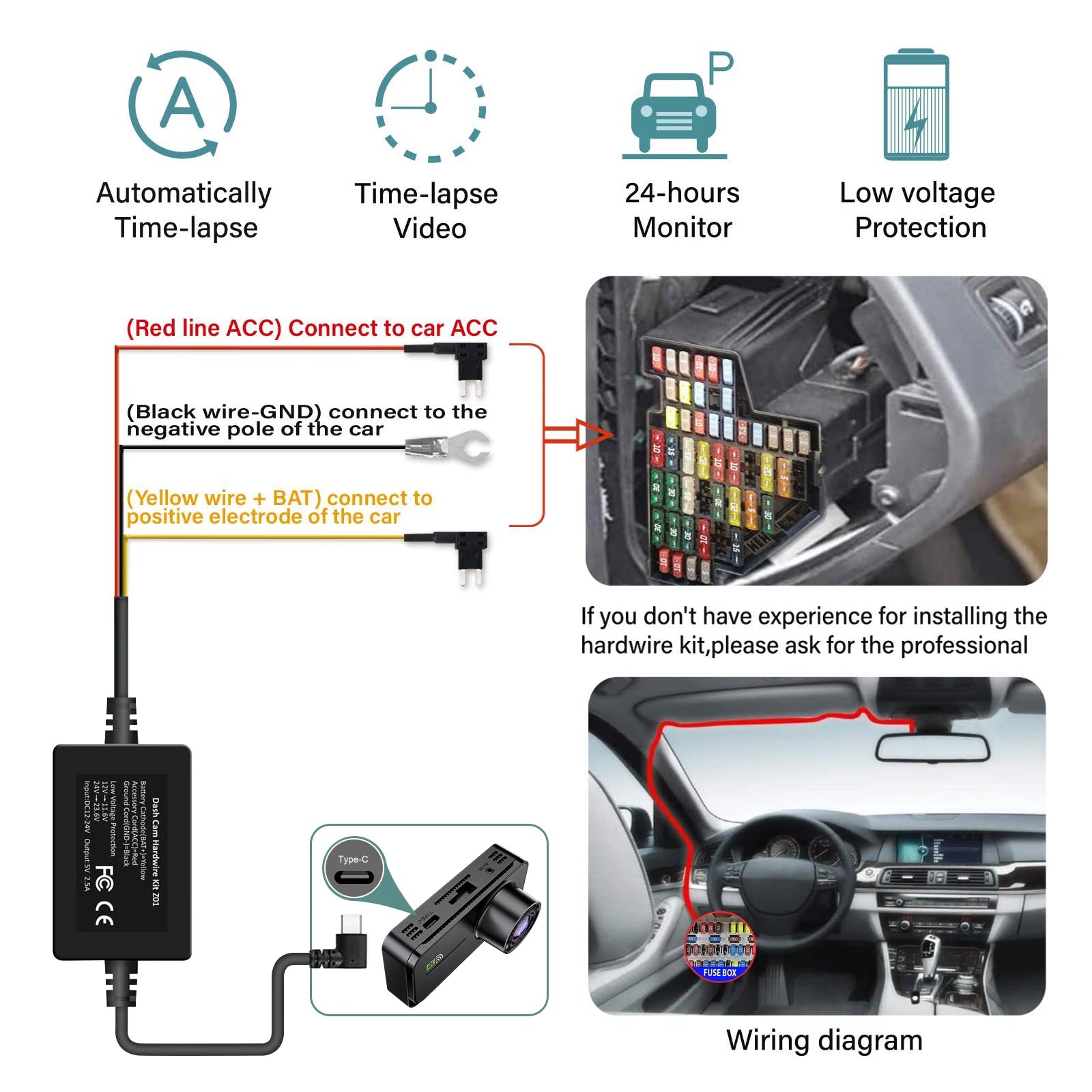 Dashcam para coches, caja negra de 4 canales, cámara de conducción WiFi FHD 1080P, grabación en bucle de visión nocturna, kit de cables duros, accesorios para coche