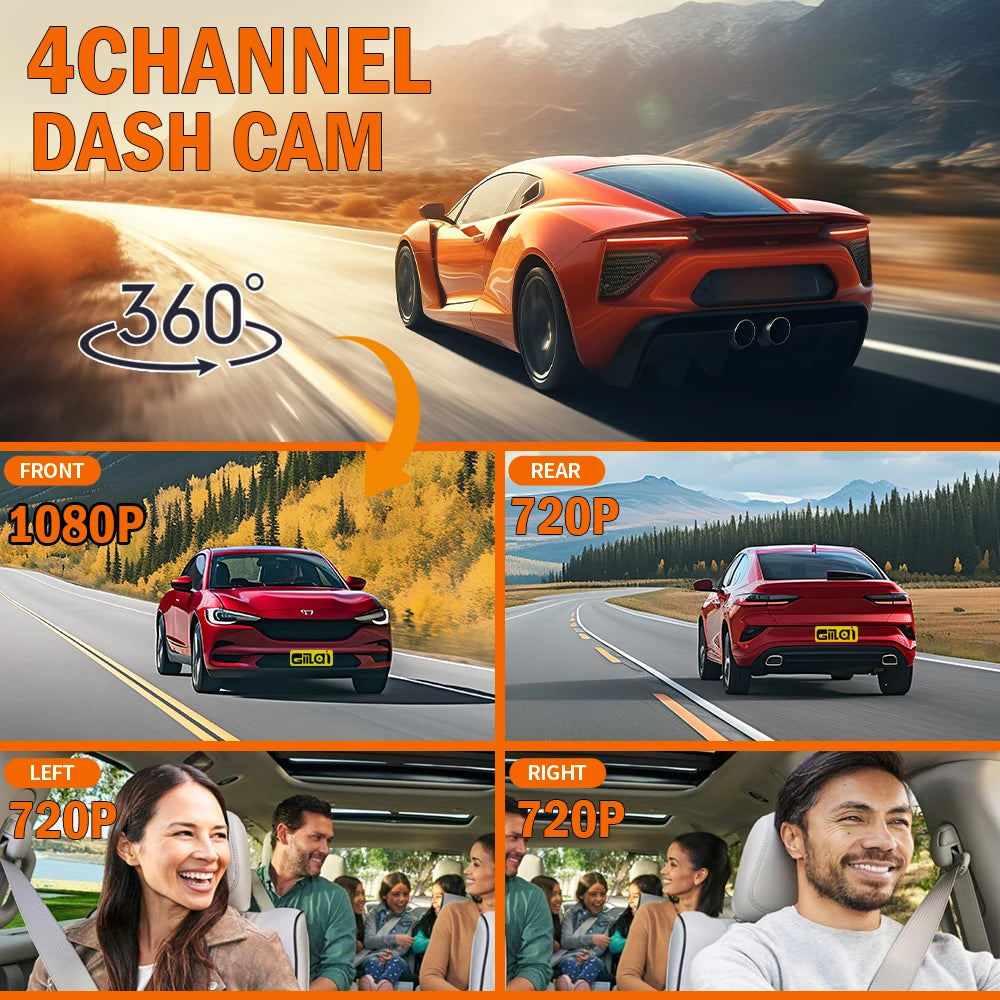 Dashcam para coches, caja negra de 4 canales, cámara de conducción WiFi FHD 1080P, grabación en bucle de visión nocturna, kit de cables duros, accesorios para coche