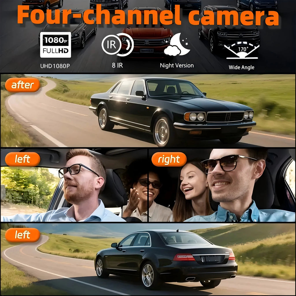 Dashcam para coches, caja negra de 4 canales, cámara de conducción WiFi FHD 1080P, grabación en bucle de visión nocturna, kit de cables duros, accesorios para coche