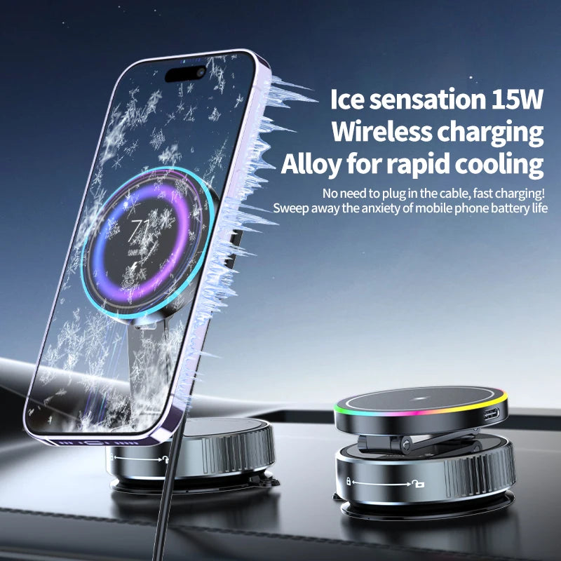 Cargador inalámbrico magnético de refrigeración para coche, soporte para teléfono de coche, carga rápida para iPhone 15 14 13 Pro, ventosa plegable al vacío