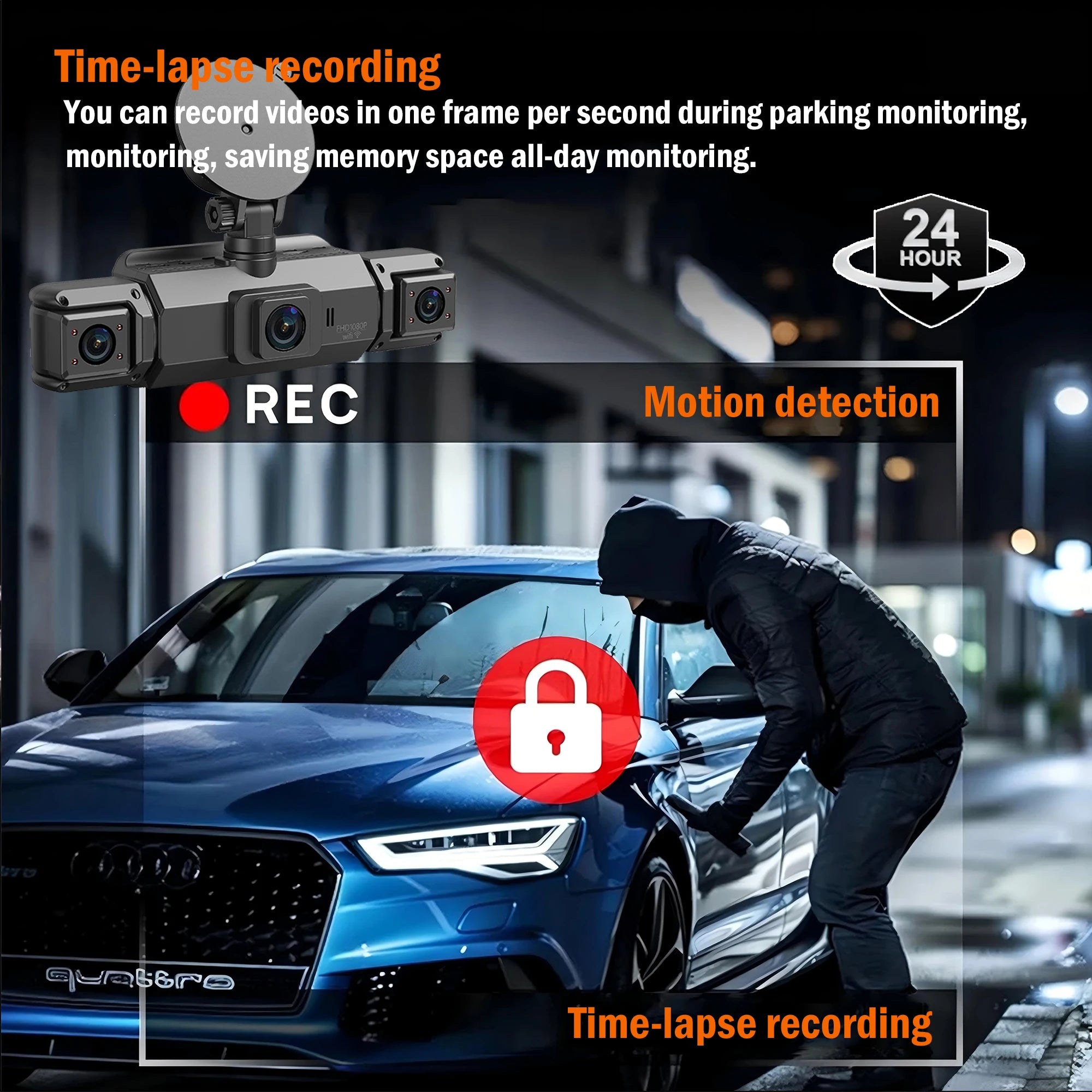 Dashcam para coches, caja negra de 4 canales, cámara de conducción WiFi FHD 1080P, grabación en bucle de visión nocturna, kit de cables duros, accesorios para coche