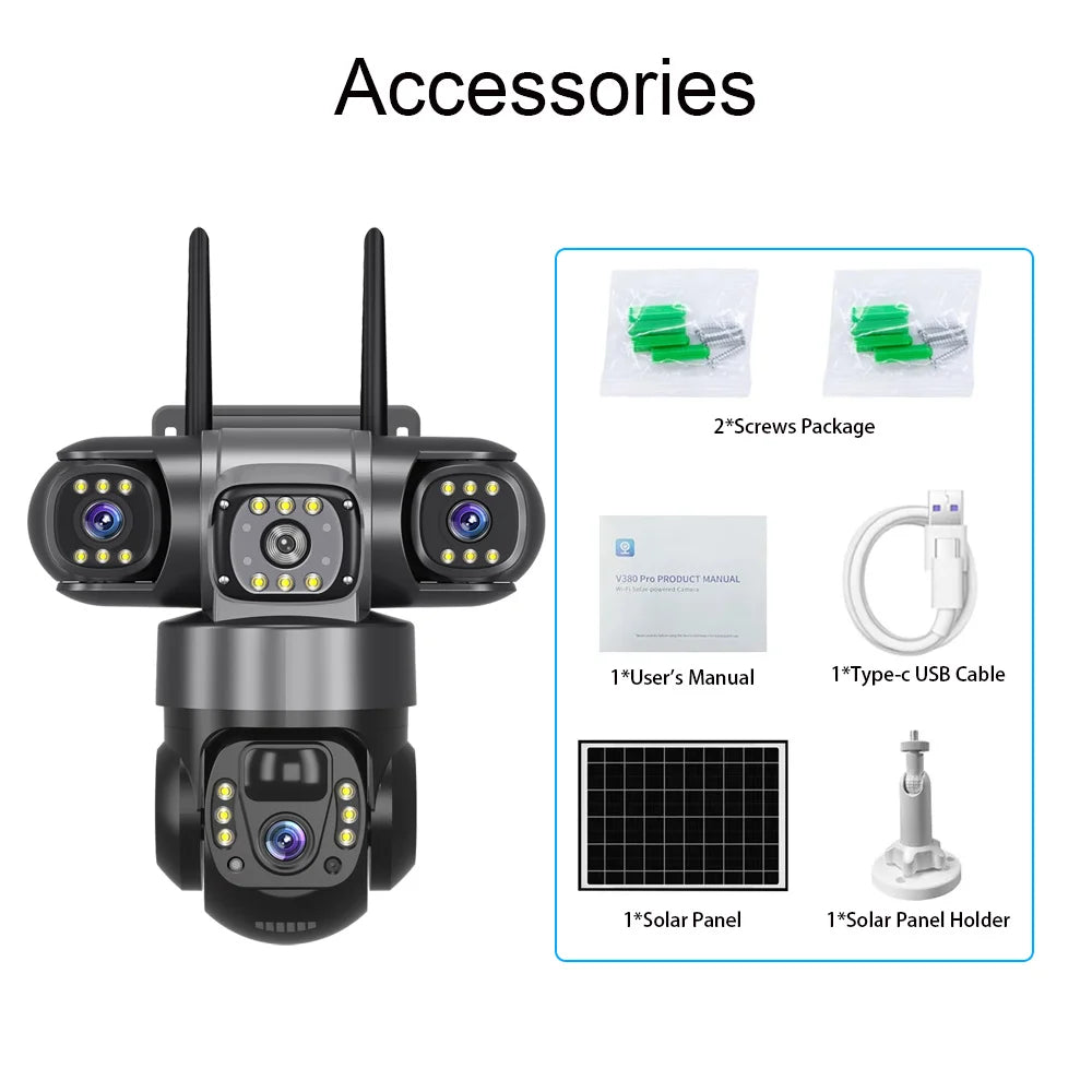 V380 Pro 3 lentes 4G IP cámara Solar HD 15 MP exterior impermeable CCTV visión nocturna Audio bidireccional cámara IP de seguimiento móvil