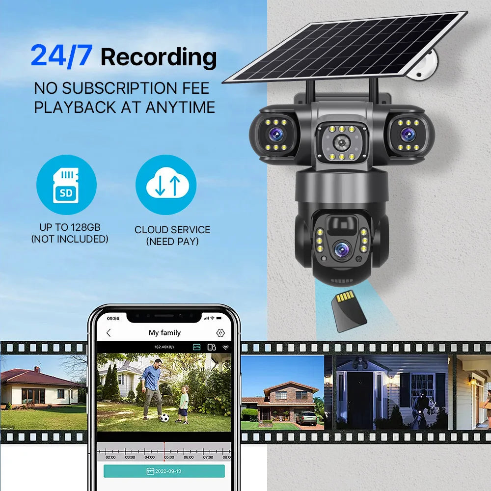 V380 Pro 3 lentes 4G IP cámara Solar HD 15 MP exterior impermeable CCTV visión nocturna Audio bidireccional cámara IP de seguimiento móvil