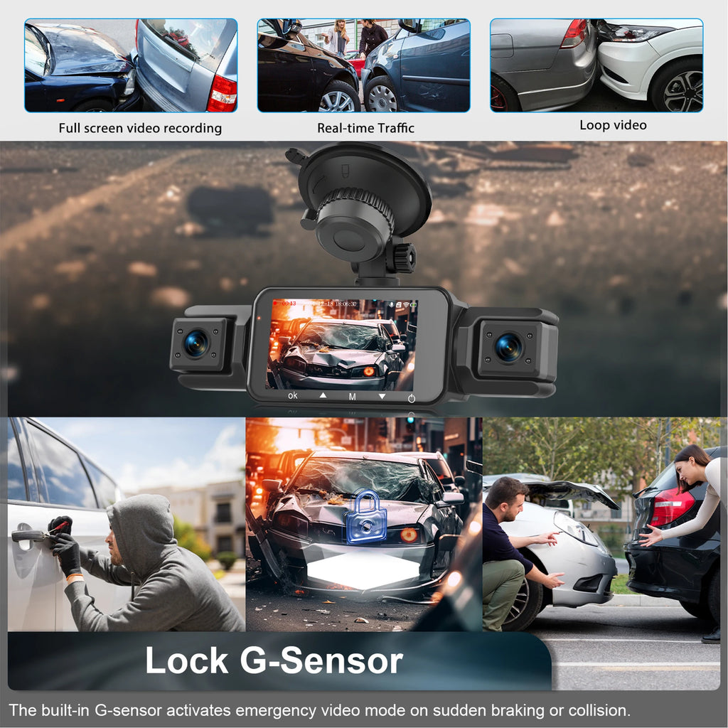 Dashcam para coches, caja negra de 4 canales, cámara de conducción WiFi FHD 1080P, grabación en bucle de visión nocturna, kit de cables duros, accesorios para coche