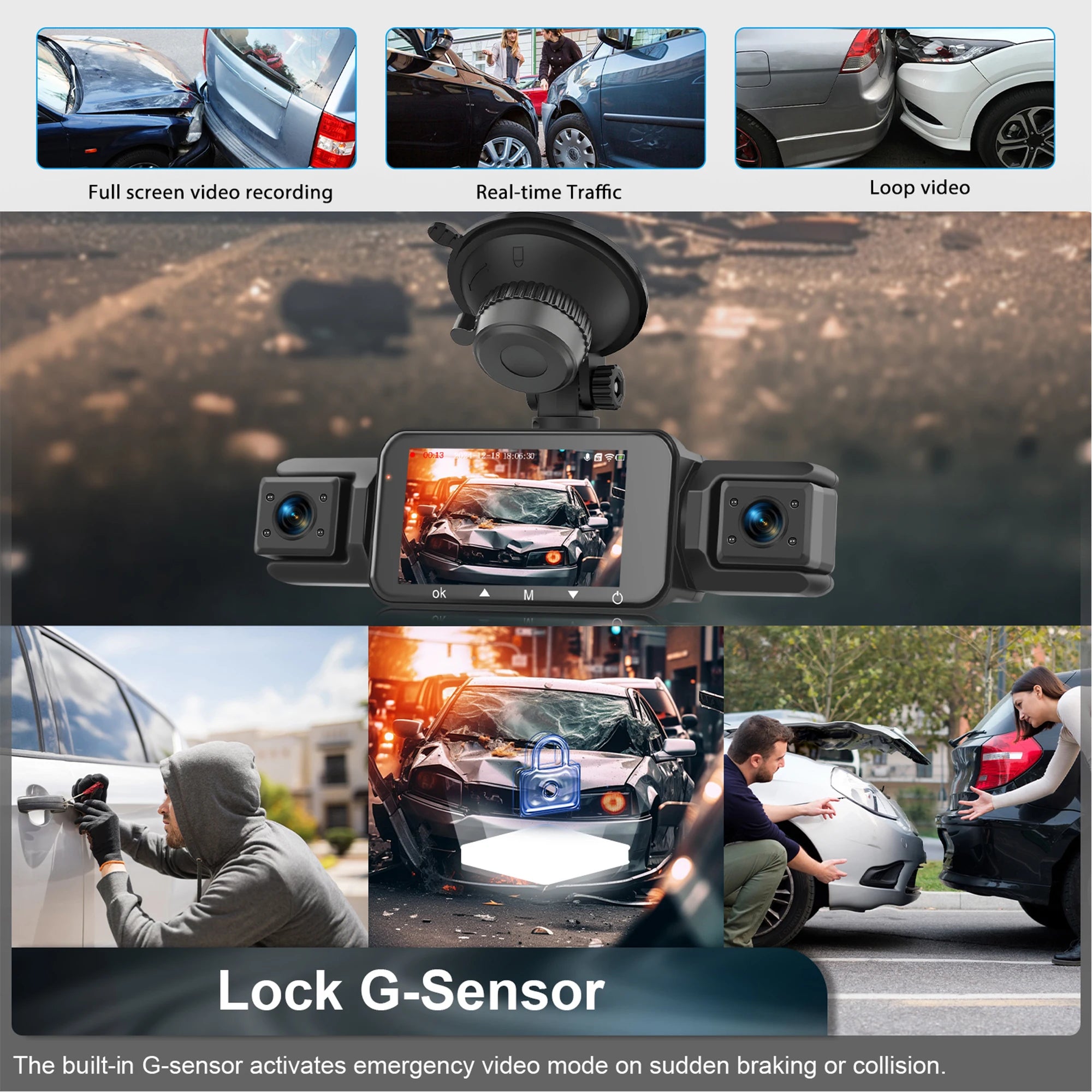 Dashcam para coches, caja negra de 4 canales, cámara de conducción WiFi FHD 1080P, grabación en bucle de visión nocturna, kit de cables duros, accesorios para coche