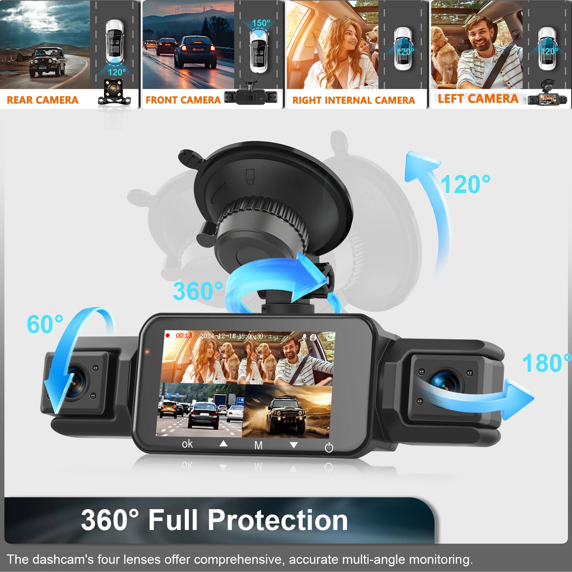 Dashcam para coches, caja negra de 4 canales, cámara de conducción WiFi FHD 1080P, grabación en bucle de visión nocturna, kit de cables duros, accesorios para coche