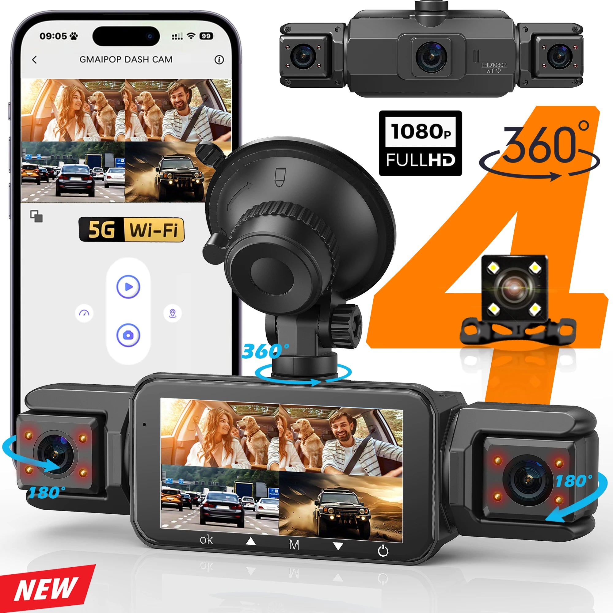 Dashcam para coches, caja negra de 4 canales, cámara de conducción WiFi FHD 1080P, grabación en bucle de visión nocturna, kit de cables duros, accesorios para coche