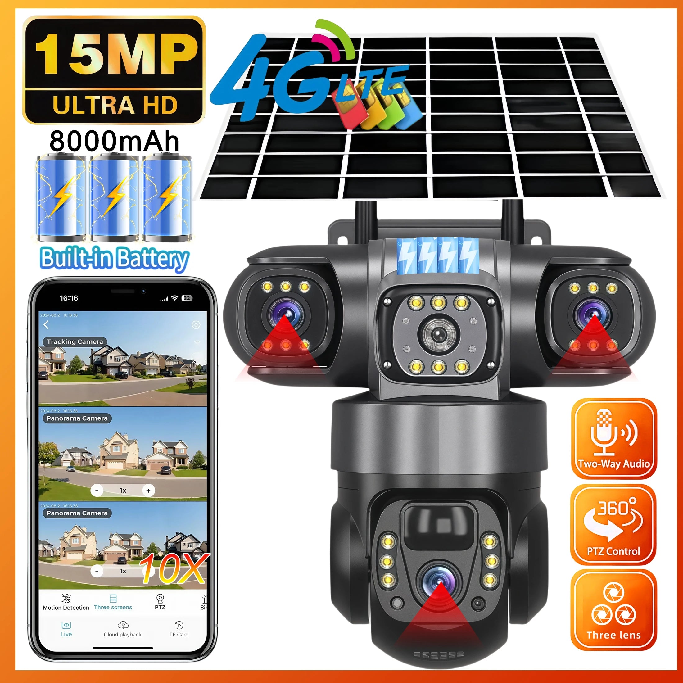 V380 Pro 3 lentes 4G IP cámara Solar HD 15 MP exterior impermeable CCTV visión nocturna Audio bidireccional cámara IP de seguimiento móvil
