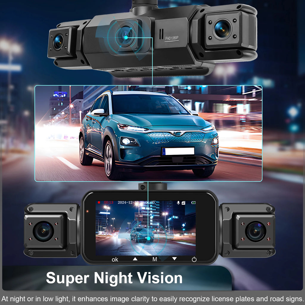 Dashcam para coches, caja negra de 4 canales, cámara de conducción WiFi FHD 1080P, grabación en bucle de visión nocturna, kit de cables duros, accesorios para coche