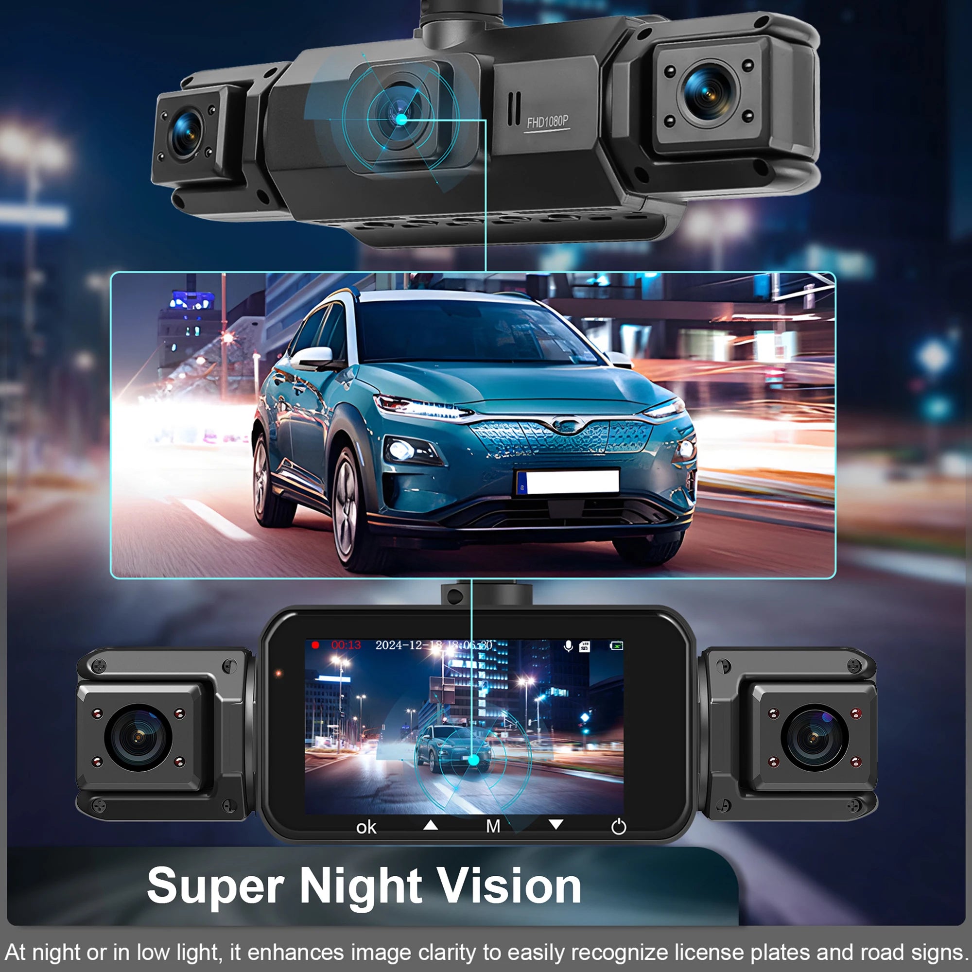 Dashcam para coches, caja negra de 4 canales, cámara de conducción WiFi FHD 1080P, grabación en bucle de visión nocturna, kit de cables duros, accesorios para coche