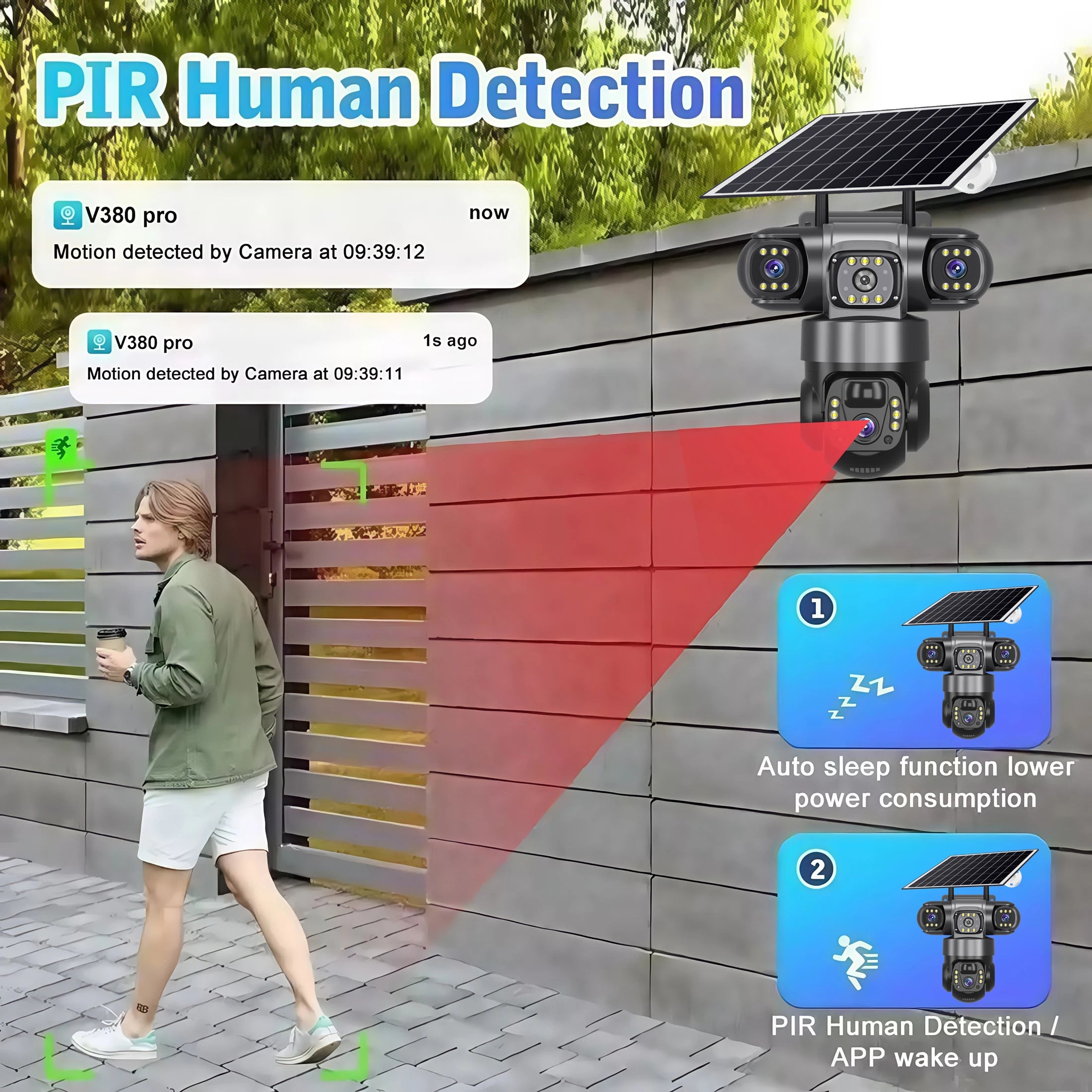 V380 Pro 3 lentes 4G IP cámara Solar HD 15 MP exterior impermeable CCTV visión nocturna Audio bidireccional cámara IP de seguimiento móvil