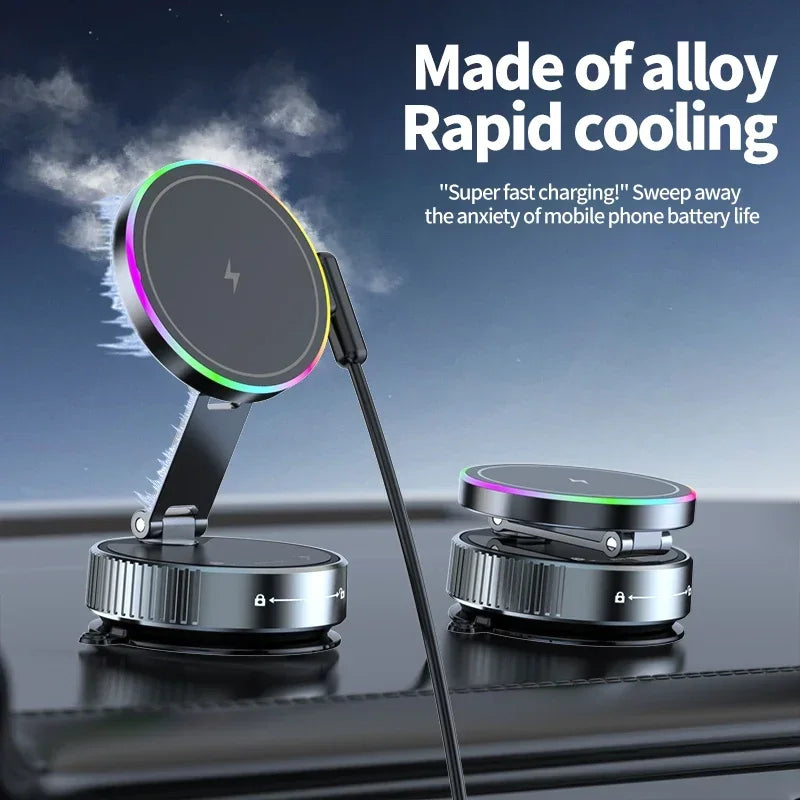 Cargador inalámbrico magnético de refrigeración para coche, soporte para teléfono de coche, carga rápida para iPhone 15 14 13 Pro, ventosa plegable al vacío