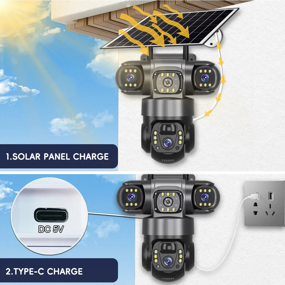 V380 Pro 3 lentes 4G IP cámara Solar HD 15 MP exterior impermeable CCTV visión nocturna Audio bidireccional cámara IP de seguimiento móvil