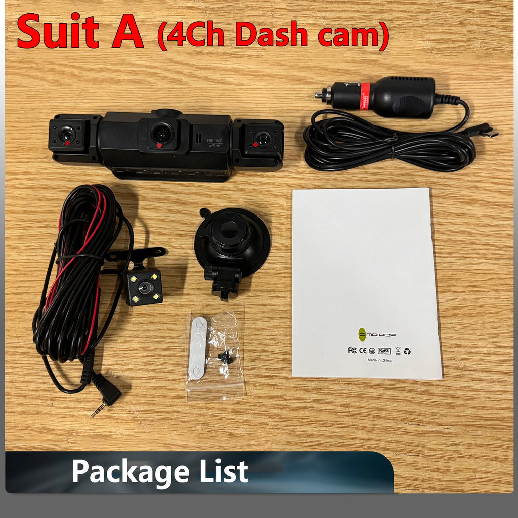 Dashcam para coches, caja negra de 4 canales, cámara de conducción WiFi FHD 1080P, grabación en bucle de visión nocturna, kit de cables duros, accesorios para coche