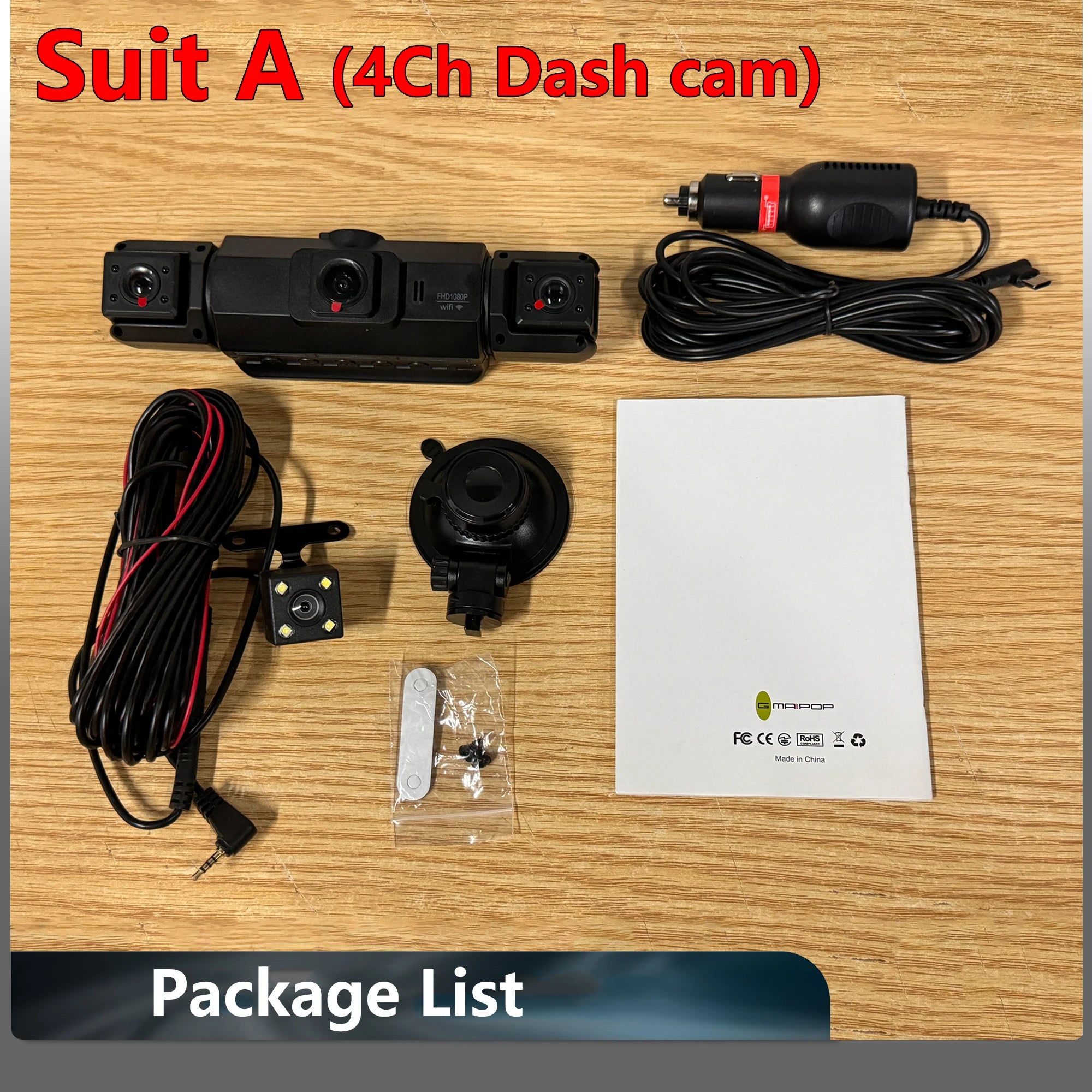 Dashcam para coches, caja negra de 4 canales, cámara de conducción WiFi FHD 1080P, grabación en bucle de visión nocturna, kit de cables duros, accesorios para coche